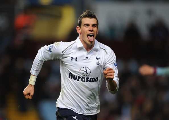Gareth Bale of Tottenham Hotspur celebrates his hat-trick goal during the Barclays Premier League match between Aston Villa and Tottenham Hotspur at Villa Park on December 26, 2012 in Birmingham, England. (Photo by Michael Regan/Getty Images)